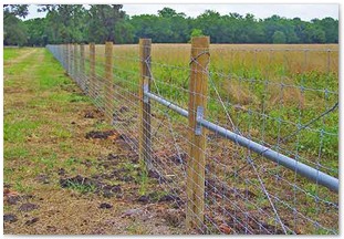 Field fence using timber style poles and metal brace